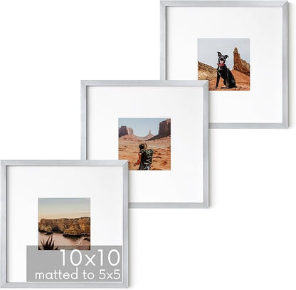 HAUS AND HUES 10x10 Silver Metal Picture Frames Matted to 5x5 - Features Premium Aluminum & Hanging Hardware, Shatterproof Plexiglass - Ideal for Home, Room, Office (10x10 in, Silver, Set of 3)