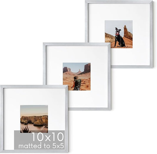 HAUS AND HUES 10x10 Silver Metal Picture Frames Matted to 5x5 - Features Premium Aluminum & Hanging Hardware, Shatterproof Plexiglass - Ideal for Home, Room, Office (10x10 in, Silver, Set of 3)