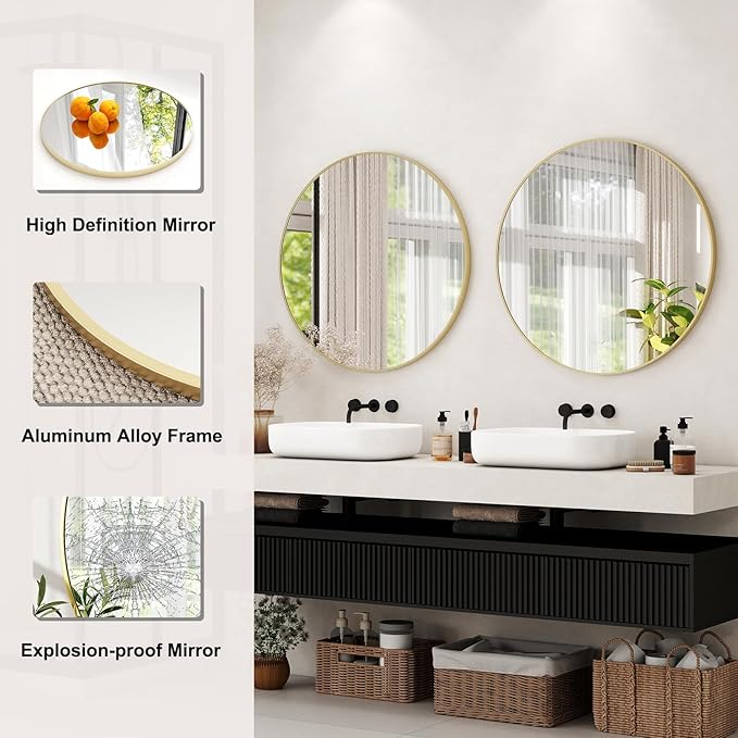 EASLY 32'' Round Mirror, Gold Bathroom Wall Mirror with Metal Frame for Entryway, Living Room, Vanity, Bedroom