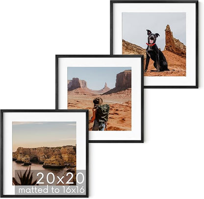 HAUS AND HUES 20x20 Black Metal Picture Frames Matted to 16x16 - Features Premium Aluminum & Hanging Hardware, Shatterproof Plexiglass - Ideal for Home, Room, Office (20x20 in, Black, Set of 3)
