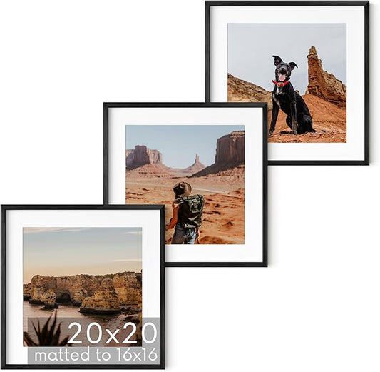 HAUS AND HUES 20x20 Black Metal Picture Frames Matted to 16x16 - Features Premium Aluminum & Hanging Hardware, Shatterproof Plexiglass - Ideal for Home, Room, Office (20x20 in, Black, Set of 3)