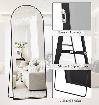 Rowjut 64"x21"Floor Mirror Arched Full Length Mirros, Mirror Floor Length Standing Hanging or Leaning & Large Full Body & Wall Mirror for Bedroom, Living Room, Aluminum Frame, Black