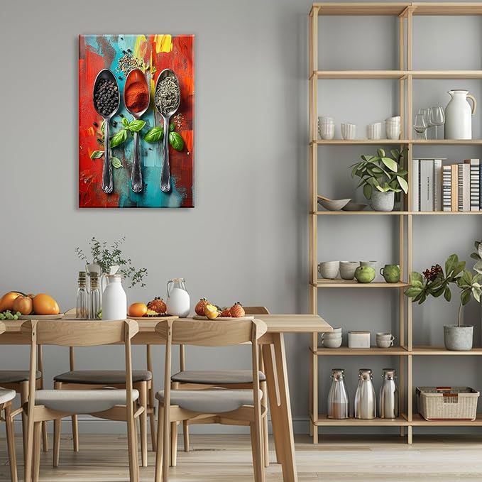Kitchen Canvas Wall Art Colorful Spices Seasoning On Spoon Picture Print Abstract Contemporary Modern Artwork For Living Room Dining Room Hotel Decor(Artwork-6,24"x36")