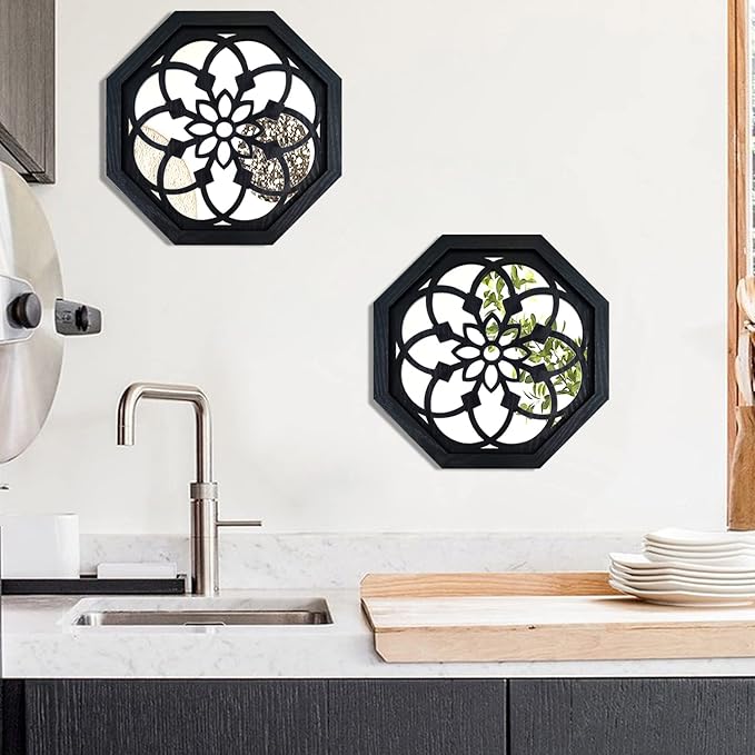 ZOLAPI 2-Piece Octagon Wall-Mounted Mirrors,Vintage Farmhouse Mirror for Wall Decor,Black Decorative Accent Mirror for Foyer, Bathroom, Bedroom. (12”x12”)
