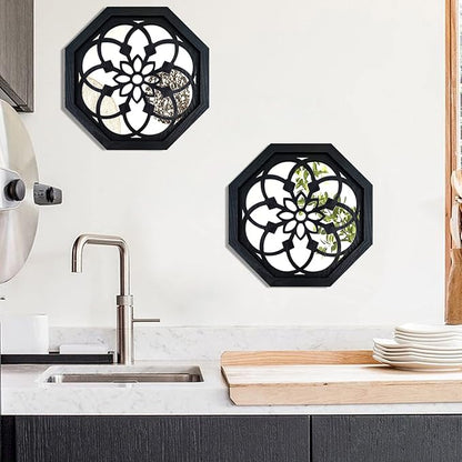ZOLAPI 2-Piece Octagon Wall-Mounted Mirrors,Vintage Farmhouse Mirror for Wall Decor,Black Decorative Accent Mirror for Foyer, Bathroom, Bedroom. (12”x12”)