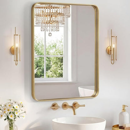 NEWBULIG 24X30 Inch Bathroom Mirror for Over Sink, Wall Vanity Mirrors Tempered Glass, Anti-Rust Metal Framed Rounded Rectangle, Hangs Horizontally or Vertically, Farmhouse Home Decor, Gold