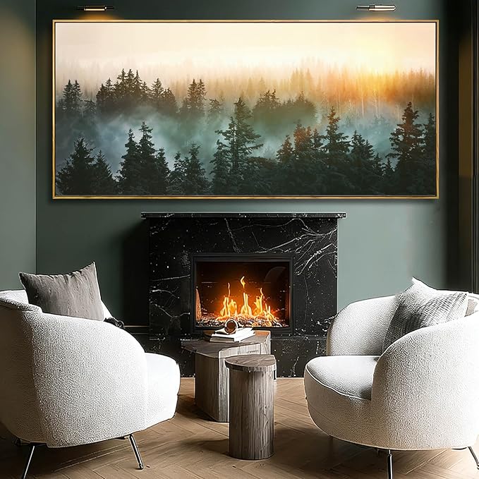 SDYA Misty forest Sunrise Wall Art, Black Tree Landscape Canvas Artwork, Large Nature Scenery Decor for Living Room Dining Room Office 40"x86"