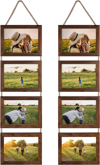 Lavezee 5x7 Hanging Collage Picture Frames Set of 2, Walnut Brown 8 Opening Horizontal Frame Made to Display 5 by 7 Inch Photo for Wall Decor