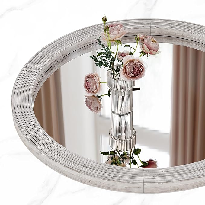 ULIKE Round Mirror for Bathroom 30x 30 Inch, Farmhouse Rustic Wood Frame Wall Mirror, White Vanity Circle Mirror for Bedroom Living Room Entryway Decor