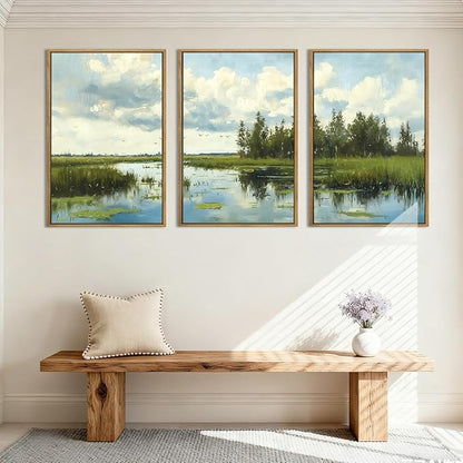 BINCUE Framed Green Nature Wall Art Lake Scenery Wall Decor Landscape Art Print for Living Room Bedroom Office 16 x24 Inches Set of 3