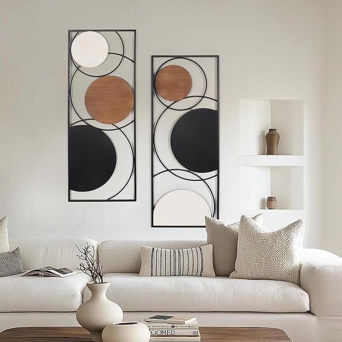 Oakrain 2 PCS Metal Wall Art for Home Decor, Large Abstract Wall Décor with Frame, Modern Minimalist Black and White Wall Sculpture for Living Room, Dining Room, Bedroom, Office, 35.4” x 13.7”
