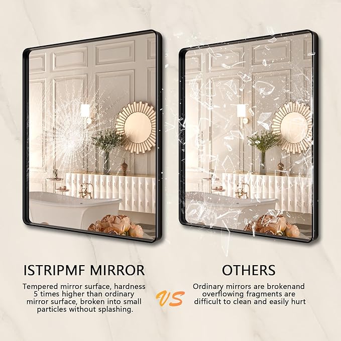 Black Metal Framed Bathroom Mirror 38X38 Inch,Matte Black Vanity Mirror,Tempered Glass,Round Corner,Farmhouse,Decorative Wall Mounted Rectangle Mirror
