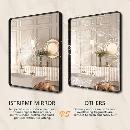 Black Metal Framed Bathroom Mirror 38X38 Inch,Matte Black Vanity Mirror,Tempered Glass,Round Corner,Farmhouse,Decorative Wall Mounted Rectangle Mirror