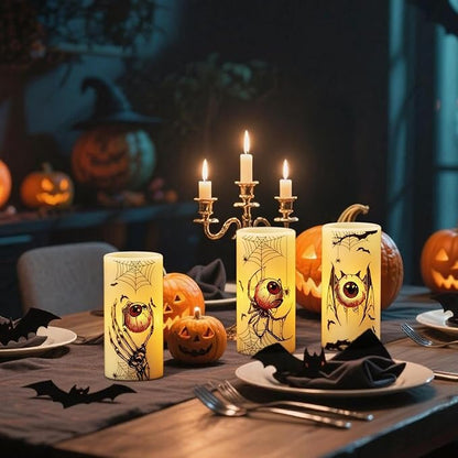 Halloween Flameless Flickering Candles Battery Operated with Timer, 3 Pack Real Wax LED Pillar Candles Spooky Bloody Eyes Spider Decals Dinner Halloween Decorations Indoor(3" D x 6" H)