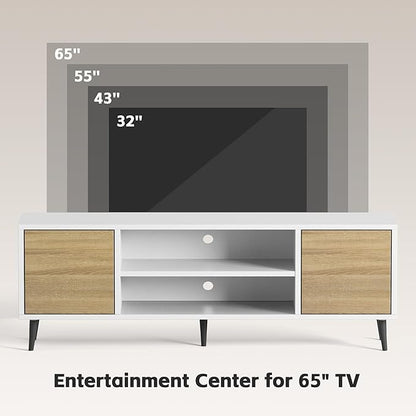 JUMMICO TV Stand for 65 Inch TV, Mid Century Modern TV Stand, Entertainment Center with Storage Cabinet and Open Shelves, TV Console Table Media Cabinet for Living Room, and Bedroom (White)