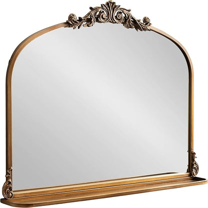 Kate and Laurel Arendahl Traditional Vintage Arch Mirror with Shelf, 33 x 26, Gold, Baroque Antique Arched Wall Mirror with Functional Shelf for Use as Vanity Bathroom Mirror or Cute Nursery Mirror