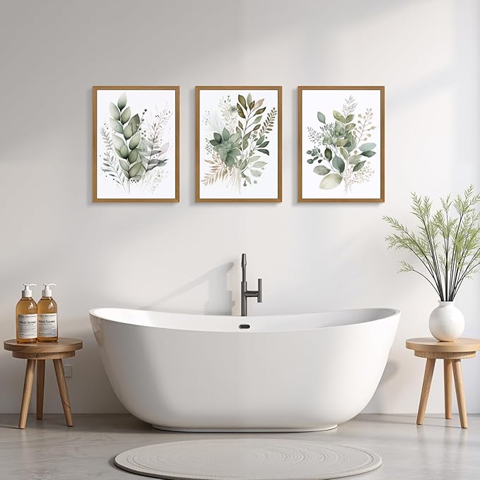 HLXRAE Watercolor Botanical Wall Art Set of 3, Neutral Sage Green Bathroom Wall Decor, Modern Floral Canvas Paintings, Minimalist Farmhouse Poster Prints for Bedroom Living Room Wood Framed 16x24 Inch