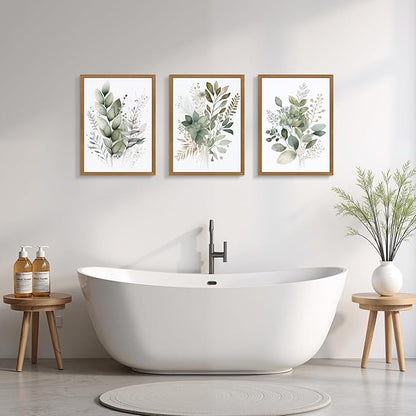 HLXRAE Watercolor Botanical Wall Art Set of 3, Neutral Sage Green Bathroom Wall Decor, Modern Floral Canvas Paintings, Minimalist Farmhouse Poster Prints for Bedroom Living Room Wood Framed 16x24 Inch