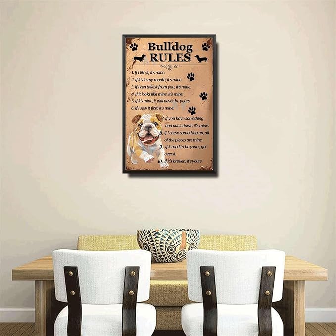 Metal Sign Tin Sign Vintage Wall Art Bulldog Rules Bathroom Signs for Home for Bar 6×8 Inches with Metal Frame