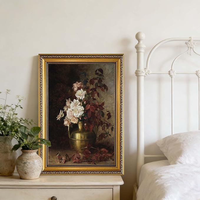 YD&YZY Gold Framed Vintage Wall Art Canvas Rose Bouquet Flower Wall Decor Still Life Dark Moody Aesthetic Art Painting Picture Print Artwork for Living Room Bedroom Bathroom Office 16x24 inch Framed