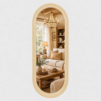 20" x 52" Oval Full Length Wall Mounted Mirror, Handwoven Natural Bamboo Frame (Warm Tone), Boho Coastal Mirror for Entryway, Bedroom, Dressing Room, Vertical & Horizontal Hanging