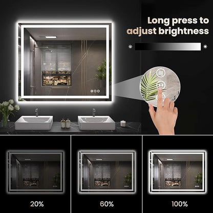 Snowdool 48"X32" LED Bathroom Mirror with Front Lights and Backlit, Anti-Fog, Dimmable, Shatter-Proof Tempered Glass, Lighted Bathroom Vanity Mirror for Wall with 3 Colors, Memory Function