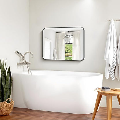 Bathroom Mirror, 30 x 24 inch Metal Framed Black Rectangle Mirror, Rounded Corner Rectangular Vanity Mirror, Wall Mounted Mirror for Modern Bedroom Living Room Hangs Horizontal or Vertical