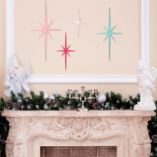 Blulu 4 Pcs Cast Iron Starburst Shaped Wall Decor Metal Mid Century Modern Decor Retro Atomic Stars Wall Art Elegance Accents Vintage Celestial Whimsigoth Hangings for Home Office Room(Pastel)