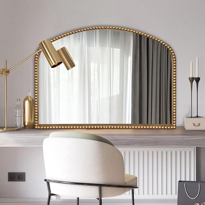 BAODANFU Vanity Mirror for Bedroom, 35" x 28" Large Arch Vintage Gold Wall Mirror, Beaded Frame Decorative Accent Mirrors for Washroom, Living Room, Entryway, Bathroom, Fireplace