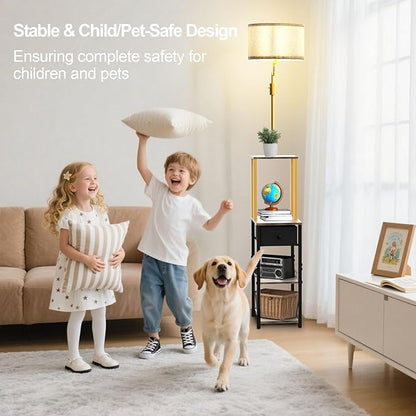Lightdot Floor Lamp with Shelves&Drawer, Modern Standing Lamp with 350° Adjustable Lamp Head, Fabric Shade& Bulb Included, Display Corner Floor Lamp for Living Room/Sofa Beside/Corner Decor