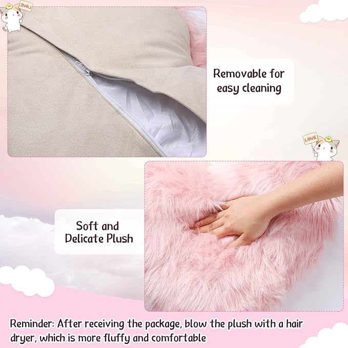 Enhon 2 Pcs Fluffy Heart Pillows Faux Fur Heart Shaped Plush Pillow Soft 20 x 15.7 Inch Love Throw Pillows with Insert for Decorative Office Home Bedroom Living Room Sofa(Pink)