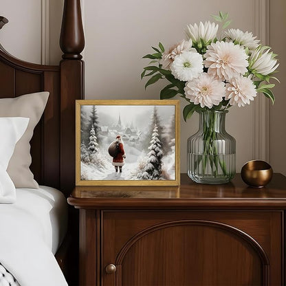 Vintage Christmas Canvas Wall Art, Wood Framed Santa Claus Wall Decor Painting, Rustic Farmhouse Winter Snow Scene Poster Print Picture 8x10 inch, Best Holiday Decor for Living Room Bedroom Home