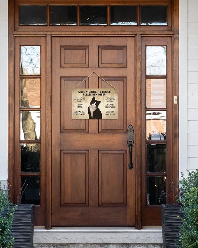 ALKB Gift for Cat Lovers Funny Tuxedo Cat Rules Metal Signs, When Visiting My House Please Remember, Cat Signs for Wall Door Decor 8 x 12 Inch