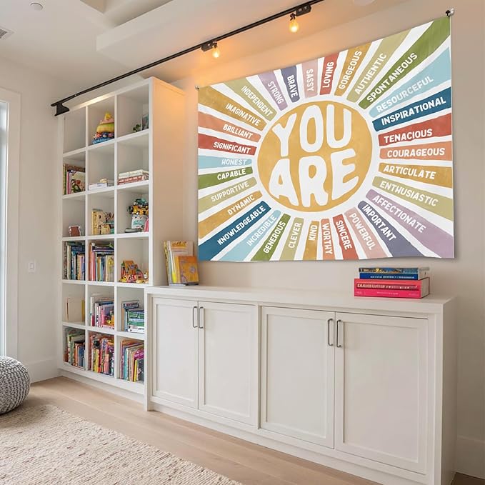 You Are Strong Wall Tapestry, Positive Affirmations Wall Hanging Decor, Self affirmation Poster Banner for Classroom, Counseling Office, Therapy Room, Teen Bedroom and Calm Down Corner(Colorful-You are)