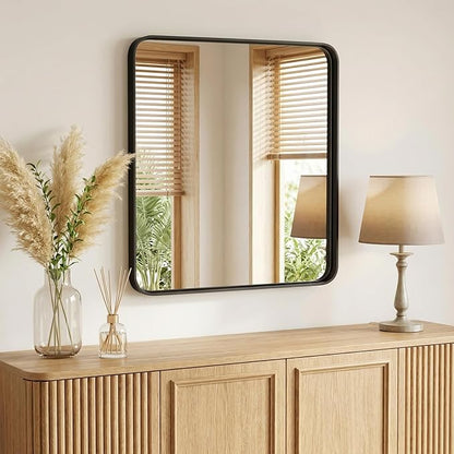 NEWBULIG 28X32 Inch Bathroom Mirror for Over Sink, Wall Vanity Mirrors Tempered Glass, Anti-Rust Metal Framed Rounded Rectangle, Hangs Horizontally or Vertically, Farmhouse Home Decor, Black