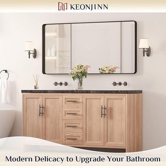 Keonjinn Black Bathroom Mirror for Over Sink, 48 x 24 Inch Large Rounded Rectangle Bathroom Vanity Mirror, Matte Black Sandblasted Finish, Tempered Glass Seamless Aluminum Alloy Frame Full Body Mirror