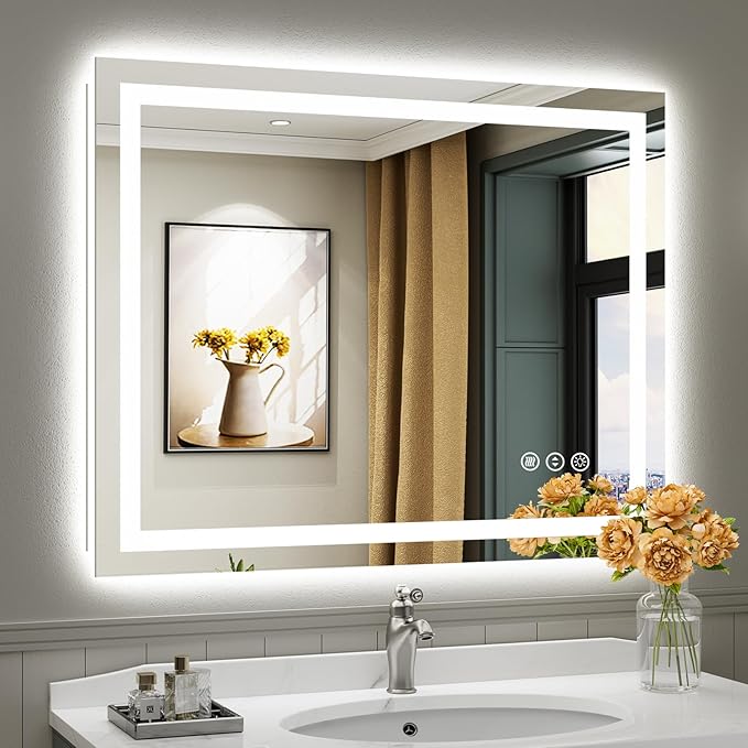 Briivue 40x32 Inch LED Bathroom Mirror with Lights, Backlit & Front Lit, Anti-Fog Lighted Bathroom Vanity Mirror for Wall, Memory Function, Dimmable, HD Tempered Glass, Shatter-Proof