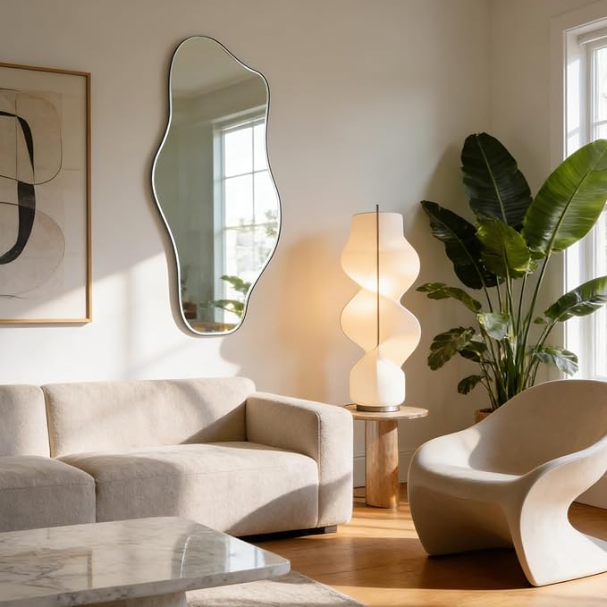 Irregular Wall Mirror, 47.2"x24" Silver Asymmetrical Tempered Glass Mirror, Modern Abstract Frameless Mirrors for Living Room Bedroom Hallway Entryway, Horizontal or Vertical Hanging
