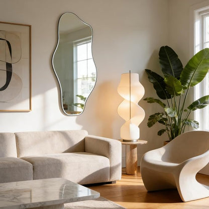Irregular Wall Mirror, 47.2"x24" Silver Asymmetrical Tempered Glass Mirror, Modern Abstract Frameless Mirrors for Living Room Bedroom Hallway Entryway, Horizontal or Vertical Hanging