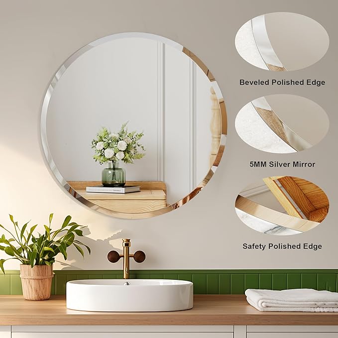 Round Bathroom Mirror, 28 inch Round Frameless Mirror,Frameless Bathroom Mirror, Suitable for Bathroom, Hall, Entry, Modern and Elegant Look (28inch)