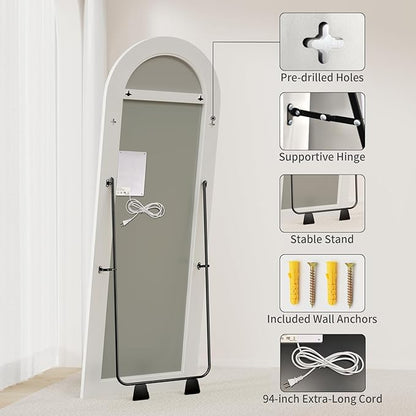Koonmi LED Arched Full Length Mirror, 63"x20" Full Length Mirror with Lights, Lighted Floor Mirrors with Stand, Full Body Mirrors with Dimming & 3 Color Lightingfor Living Room Cloakroom, White