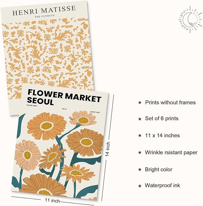 Habseligkeit Van Gogh Wall Art Prints, Flower Market Wall Art Prints, Matisse Posters for Room Aesthetic Unframed, 11x14in, Set of 6