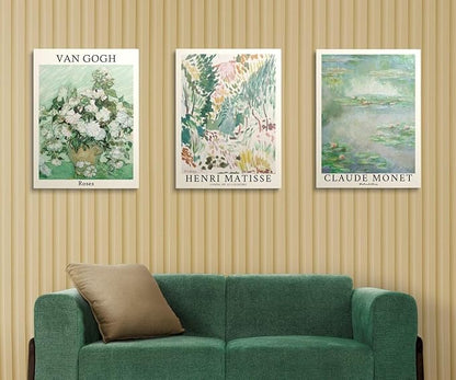 MINI ZOZI Sage Green Canvas Wall Art Set Of 3 Matisse Van Gogh Monet Flower Prints 12x16 Wall Decor Large Mid Century Modern Aesthetic Over Bed Poster Painting Master Bedroom Living Room