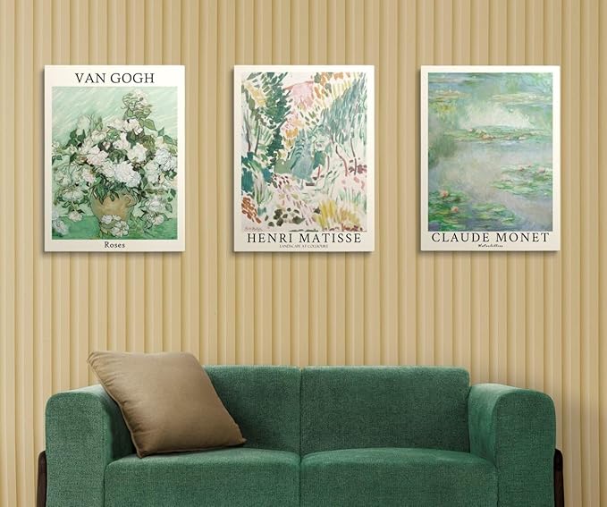 MINI ZOZI Sage Green Canvas Wall Art 16X24 Set Of 3 Matisse Van Gogh Monet Flower Prints Wall Decor Large Mid Century Modern Aesthetic Over Bed Poster Painting Master Bedroom Living Room…