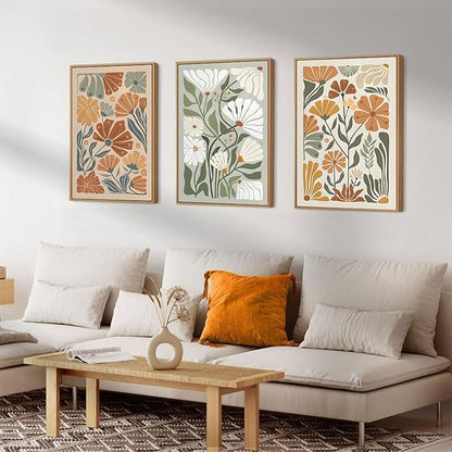 KISSFOX Framed Canvas Wall Art Abstract Floral Botanical Print Set of 3 Green Beige Wildflower Flower Market Paintings Boho Modern Minimalist Pictures Decor Bedroom Bathroom Living Room 16"x24"