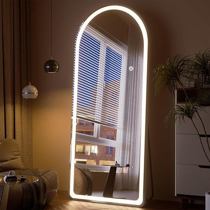 Arch LED Mirror Full Length - 26" x 71" Arched Top Rounded Corners Floor Full Body Mirror with 3 Color Lights Brightness Adjustable, Standing Leaning for Bedroom, Dressing Room, White