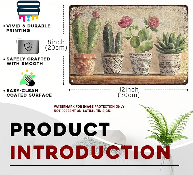 Four basins Cactus Metal tin Sign Watercolor Cactus Tin Sign Green Plant Wall Decor for Home Living Room Kitchen Garden Bedroom Office Hotel Cafe And Pub Decoration 8x12inch