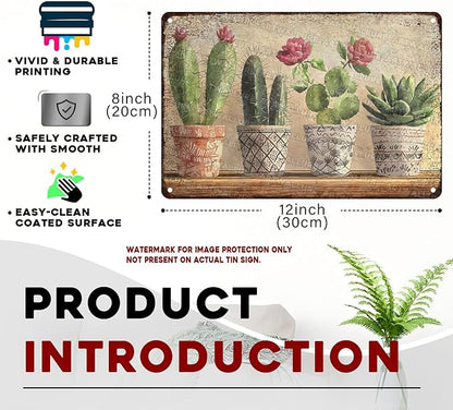 Four basins Cactus Metal tin Sign Watercolor Cactus Tin Sign Green Plant Wall Decor for Home Living Room Kitchen Garden Bedroom Office Hotel Cafe And Pub Decoration 8x12inch