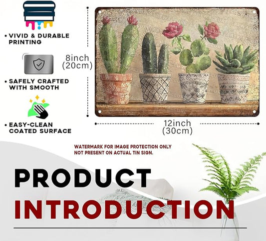 Four basins Cactus Metal tin Sign Watercolor Cactus Tin Sign Green Plant Wall Decor for Home Living Room Kitchen Garden Bedroom Office Hotel Cafe And Pub Decoration 8x12inch