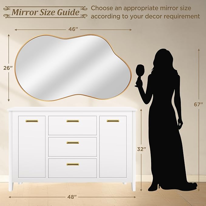 Dorlicecass Bathroom Mirror - Gold Irregular Wall Mirrors Decorative 26"x46" Asymmetrical Tempered Glass Aviation Aluminum Alloy Frame for Vanity, Bedroom, Living Room, Cloakroom, Entryway